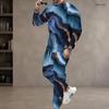 Men Plus Size Blue Printed Round Neck Long Sleeve Two Piece Cuffed Pants Set