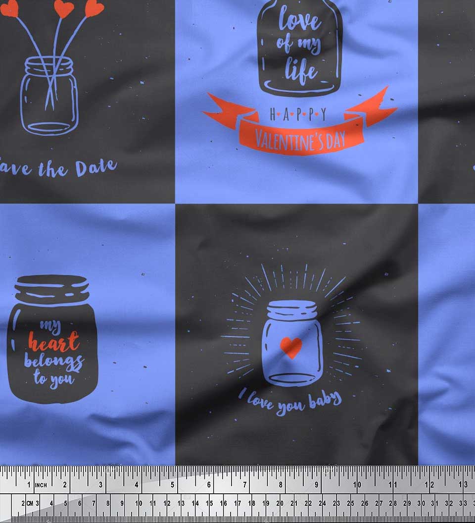 

Soimoi Blue Japan Crepe Satin Jar & My Heart Belong To You Text Decor Fabric Printed метр 42 дюйма 42 Inch Wide - Poly Crepe синій