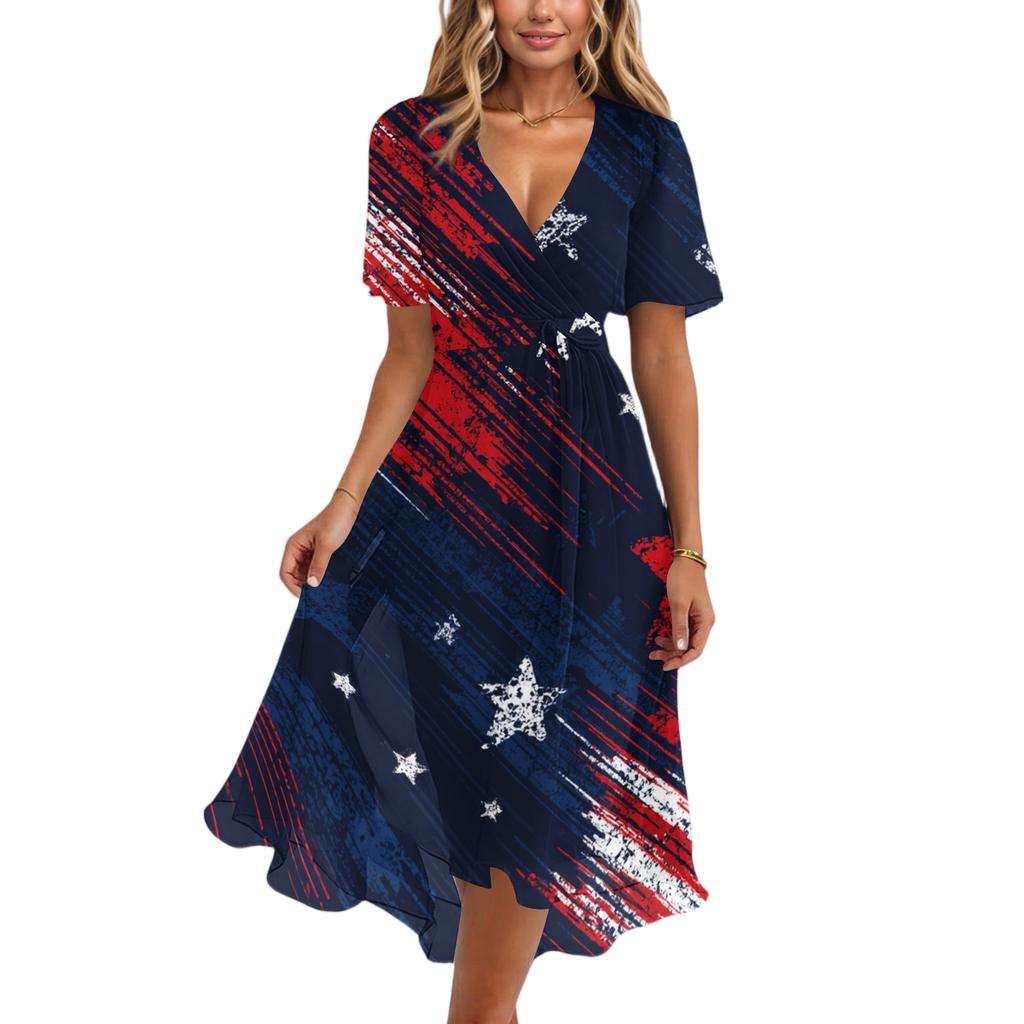 Women's Casual V-Neck Short-Sleeve Independence Day Print Dress