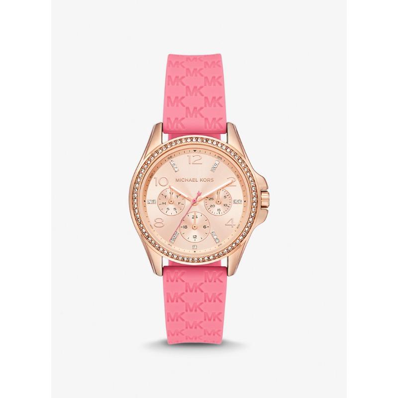 

Мини-часы Michael Kors Pilot с паве, покрытие из розового золота, силиконовый ремешок с логотипом, MK7375 чайной розы