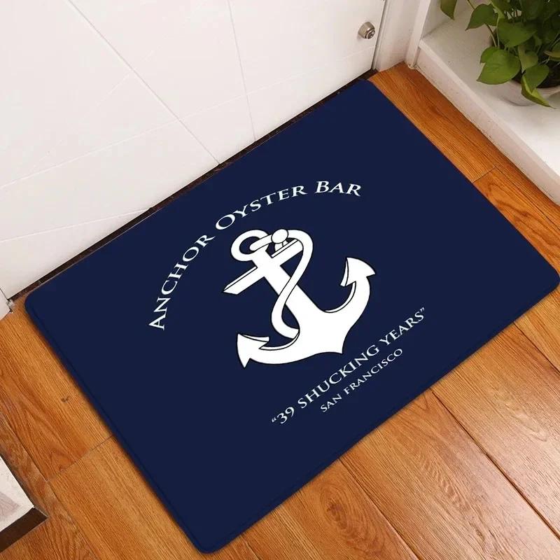 1Pc White Anchor & Navy Blue Nautical Washable Door Mat Non Slip Entrance Floor Carpet Easy To Clean Hallway Bath Kitchen Rug