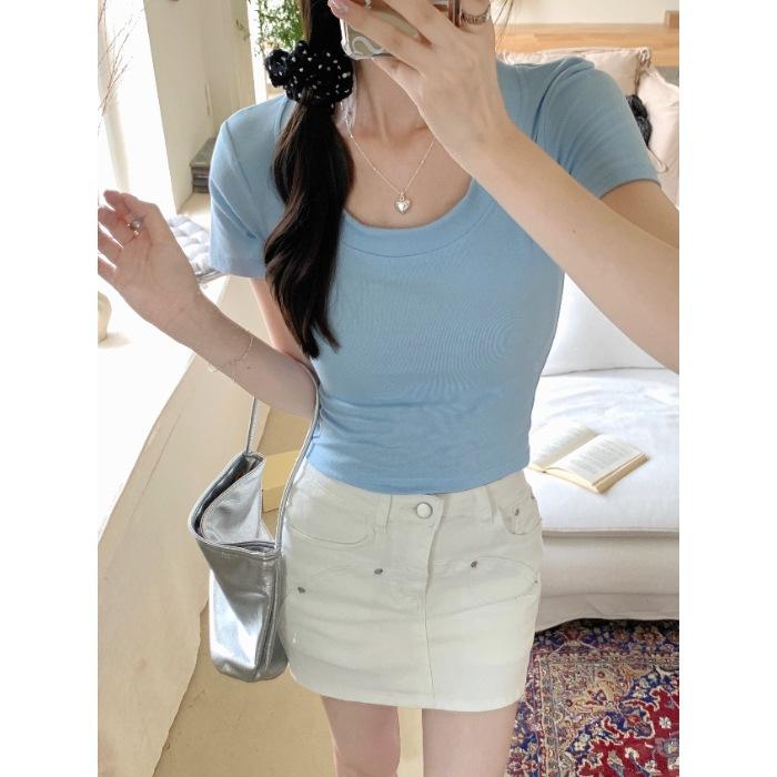 

Special Korean sweet and spicy style solid color U-neck exposed collarbone short-sleeved T-shirt women s summer slim-fitting high-waisted short top XL дитини синього кольору