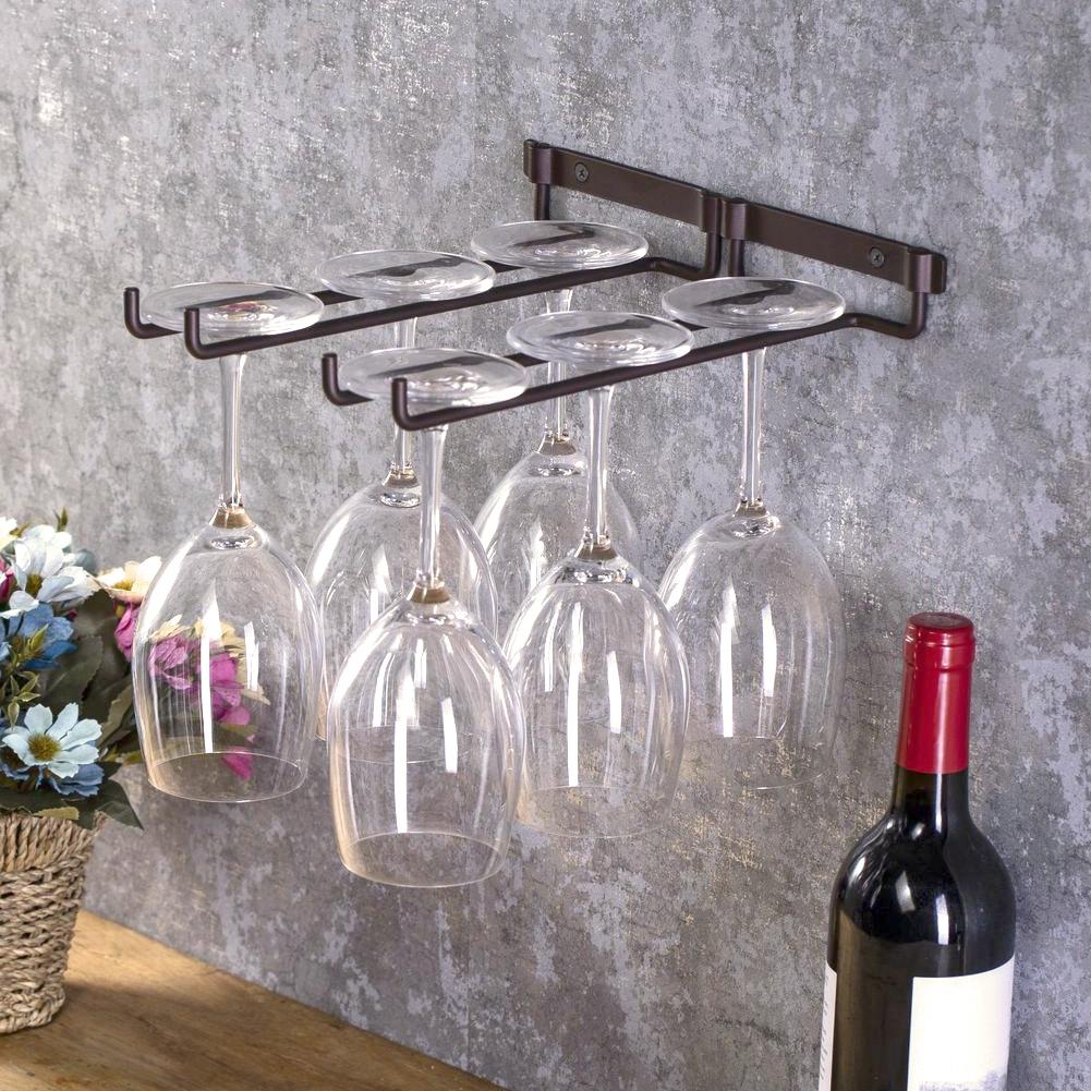 Hanging Metal Wine Cup Rack Bar Double Stemware Glass Bottle Goblet Inverted Holder