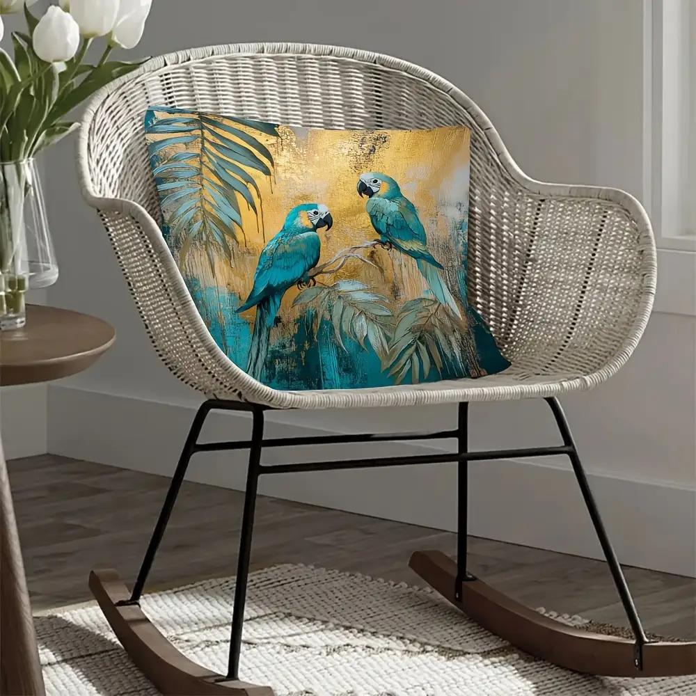 2D Flat- Boho Tropical Teal Macaw Parrot Throw Pillow Cover Gold Foil Palm Leaf Cushion Case for Home Decor