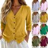 Women's Linen Shirt Button Front Three-Quarter Sleeve Casual Loose Fit Blouse Top