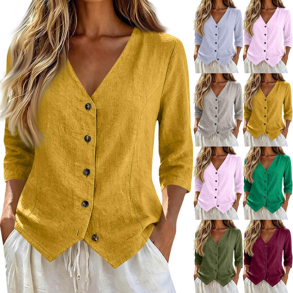 Women's Linen Shirt Button Front Three-Quarter Sleeve Casual Loose Fit Blouse Top