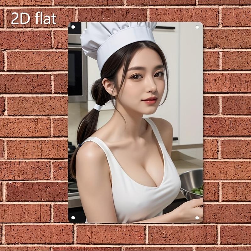 

HD Metal Tin Sign Charming Asian Chef in White Hat and Tank Top in Modern Kitchen Vintage Wall Art Decor for Bedroom Bar Man Cav 20x30cm（7.8x11.8inch）