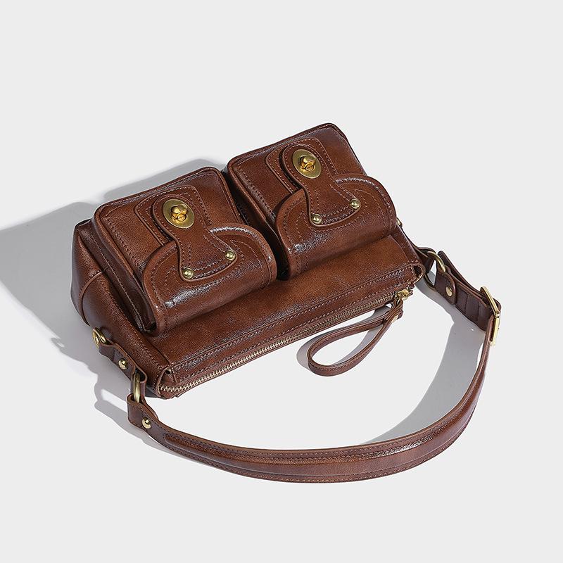 

JIAERDI Retro Leather Black Shoulder Bags Y2k Women Versatile Double Pocket Handbag Ladies Vintage Casual Crossbody Bags New 26x16x8cm коричневий