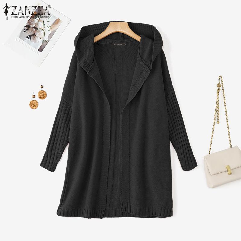 

ZANZEA Autumn Women Long Sleeve Open Front Casual Loose Knitted Hooded Sweaters Cardigan One Size чёрный