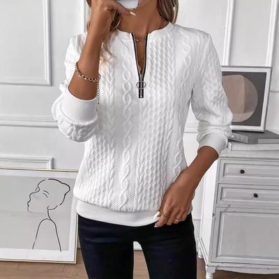Moda Feminina Casual Cor Sólida Roupas Femininas Pulôver Manga Longa Slim Blusa Top com Zíper