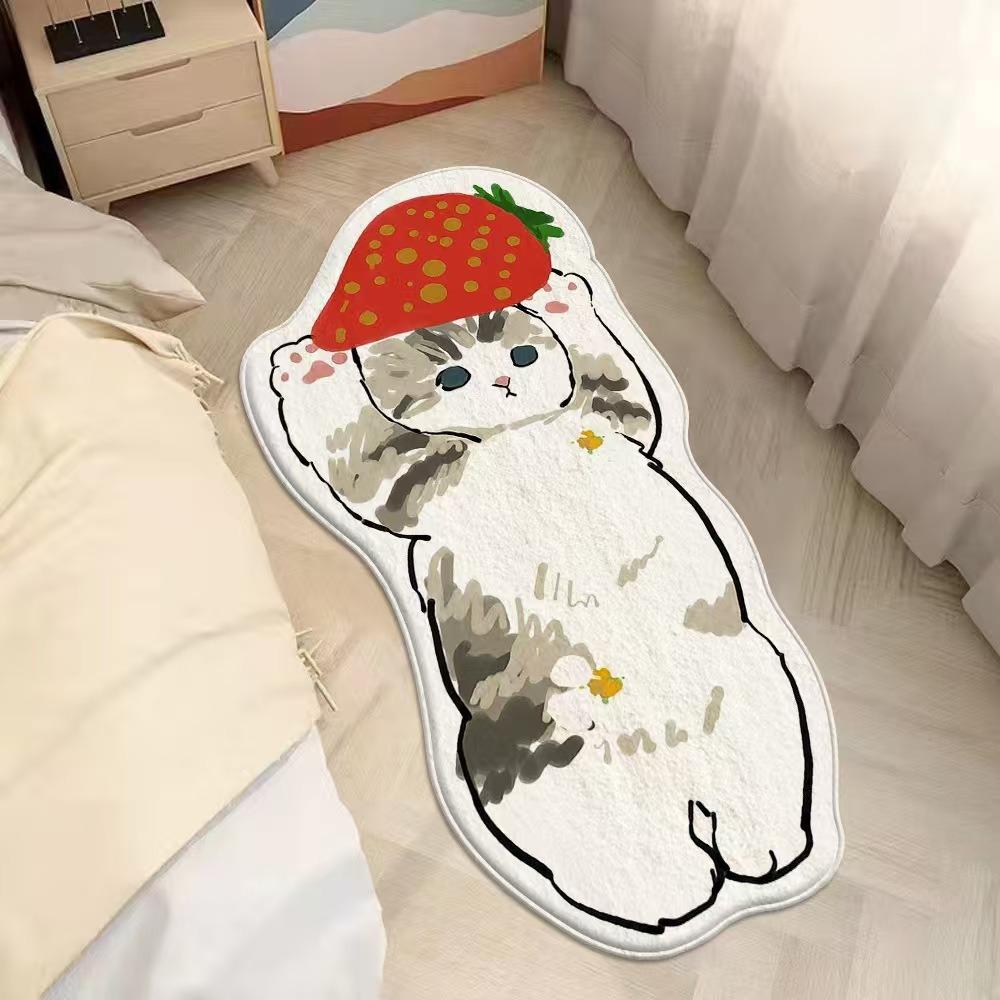 2pcs Cartoon Cute Cat Imitation Cashmere Bedroom Carpet Special-shaped Bedside Carpet Floor Mat