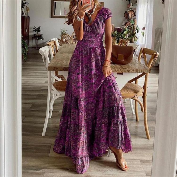 Summer Women Bohemian Retro Print Pattern Beach Dress Loose Long Sleeve Short V Neck High Waist Spring