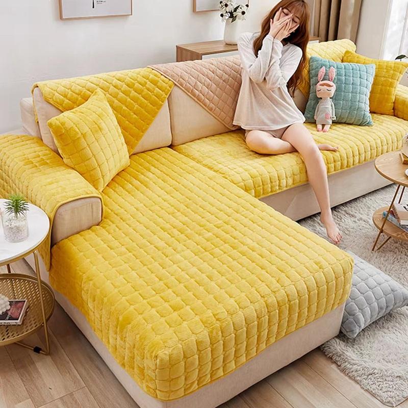Warm Plush Sofa Cover Winter Thickened Universal Non-Slip Living Room Sofa Cushion Solid Color Velvet Sofa Backrest Armrest Towe