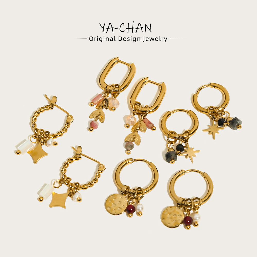 18K Gold Plated Stainless Steel Hoop Earrings for Women Natural Stone Pink Cute Charms Waterproof Jewelry