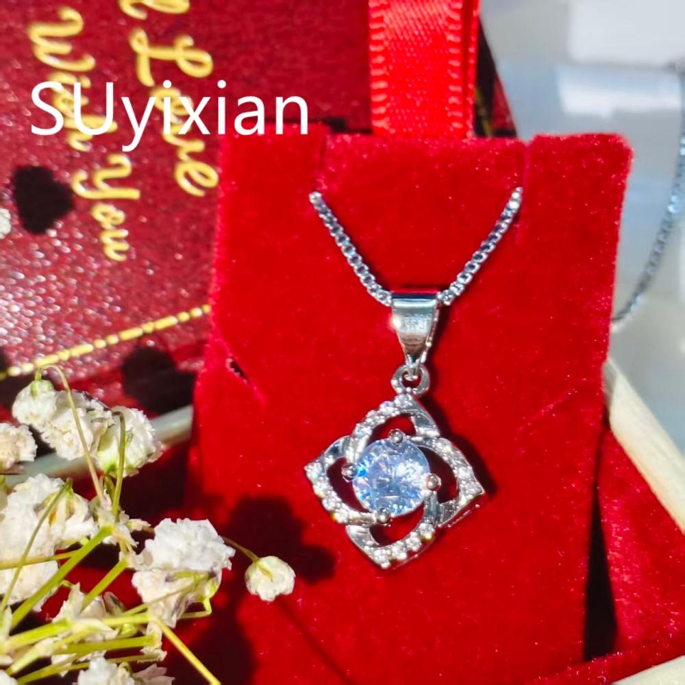 925 Sterling Silver Stylish Simple Clover Round Zircon Pendant Necklace Birthday Party Anniversary Gift