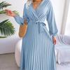 Fashion Soft Comfortable Spring Autumn Women Elegant V Neck Long Sleeve Pleated Maxi Dress Red Blue Casual Green Black Soild Color