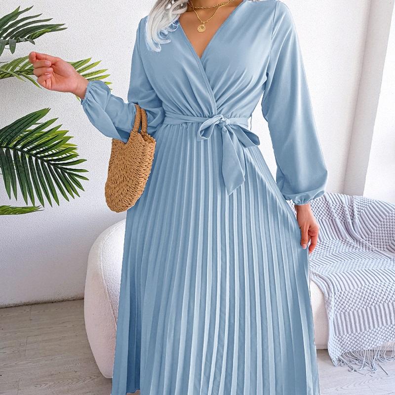 Fashion Soft Comfortable Spring Autumn Women Elegant V Neck Long Sleeve Pleated Maxi Dress Red Blue Casual Green Black Soild Color