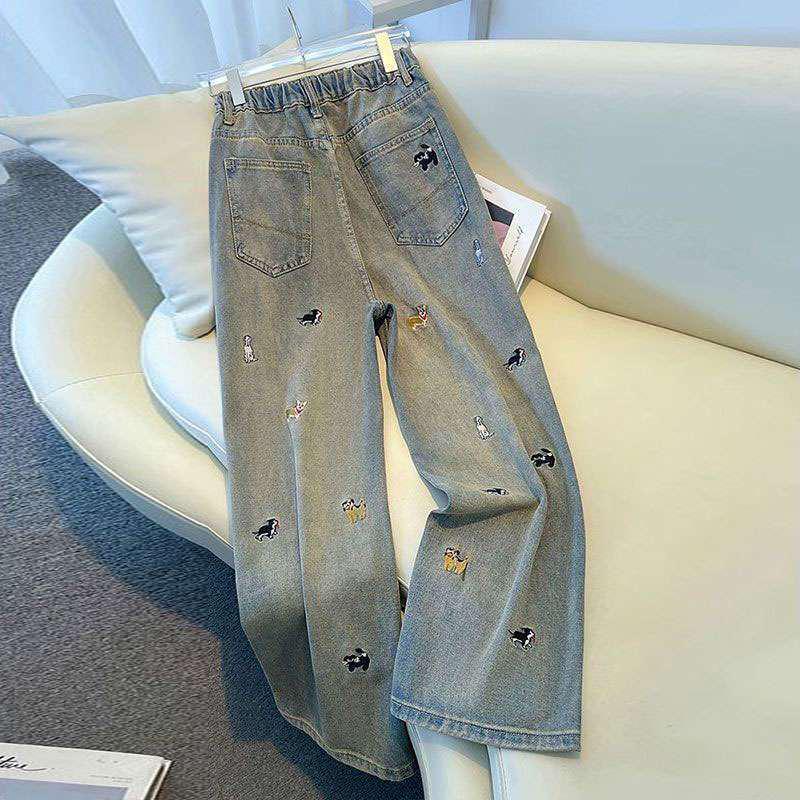 2026 New Autumn Women's High-Waist Wide-Leg Jeans with Dog Embroidery