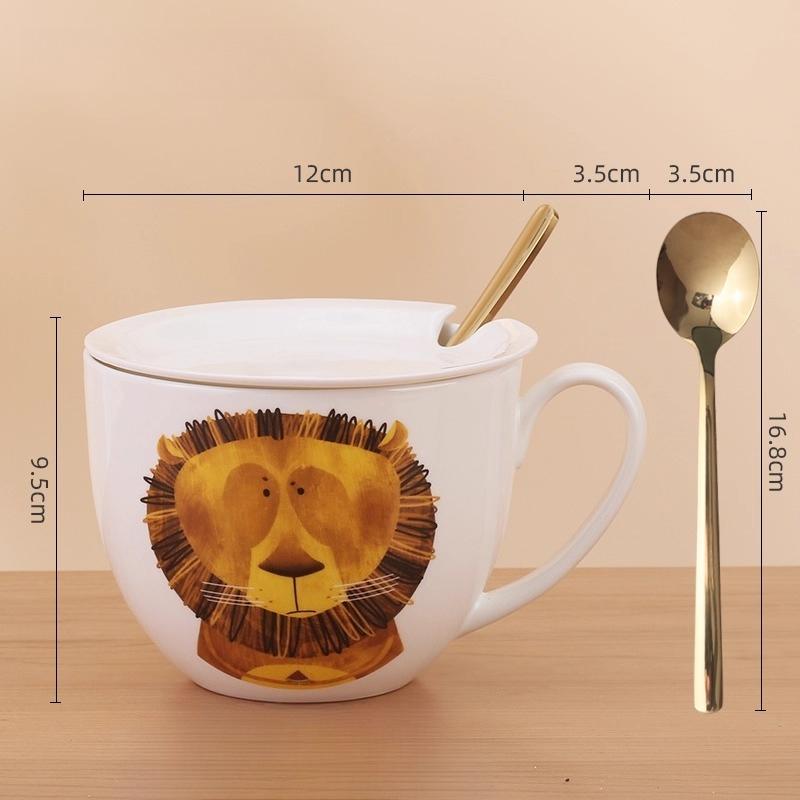 600ml Velkokapacitní keramický hrnek slon s víčkem a lžičkou – Roztomilý zvířecí design Snídaňová miska, Miska na ovesnou kaši, Šálek na kávu