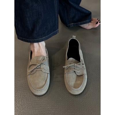 Sheepskin Version~ Genuine Leather Flat-bottomed Retro Lace-up Single Shoes Women's 2025 New One-pedal Lazy Loafers Small Leather Shoes