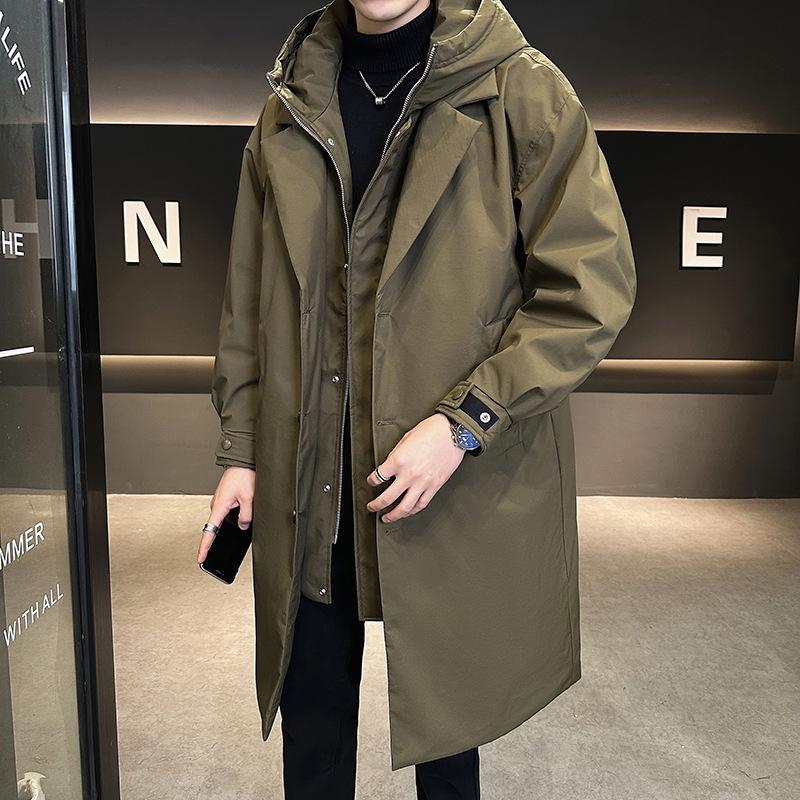 Men's Winter Hooded Mid-Length Down Jacket, Faux Two-Piece Windbreaker, Trendy Thickened Plus-Size Coat