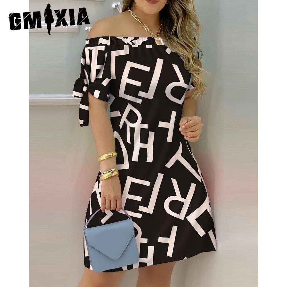 GMXIA Women Fashion Off Shoulder Dress Short Sleeve Bow Tie Print Dresses Summer Beach Dresses Plus Size