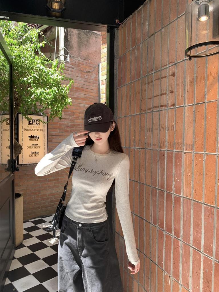 Autumn Korean Style Letter Print Round Neck Long Sleeve Women's T-shirt