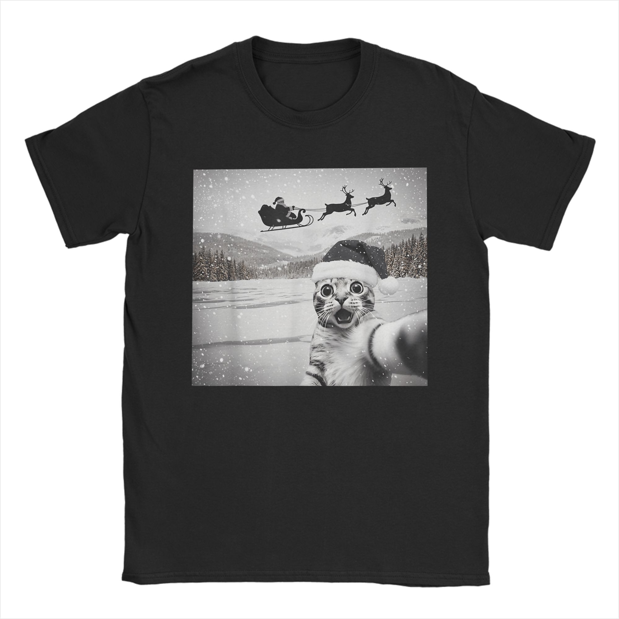 Funny Cat Santa Selfie Christmas T-shirt S