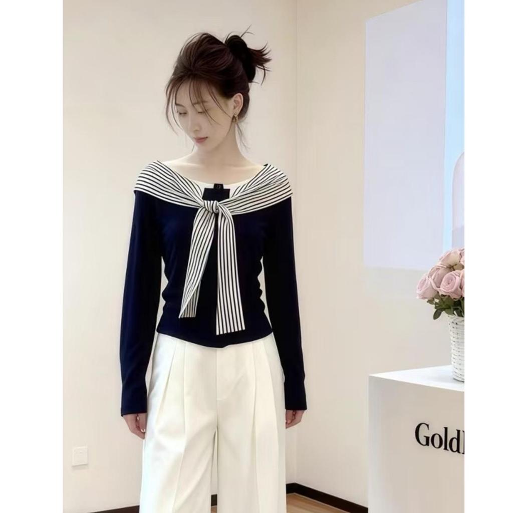Korean Temperament Patchwork Stripe Tie-Up Long-Sleeve Slim-Fit Top for Women, Spring/Autumn, Niche Unique and Versatile Design