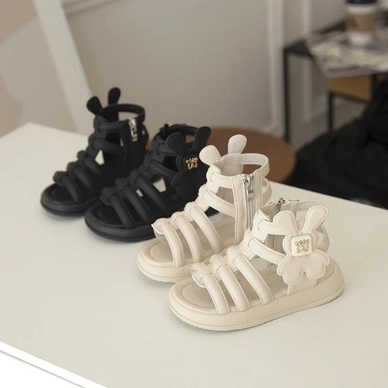 Kids Beach Shoes Open Toes Non-slip Girls Roman Sandals with Cute Rabbit Ins Trendy 2025 New Fashion Children Princess Shoes