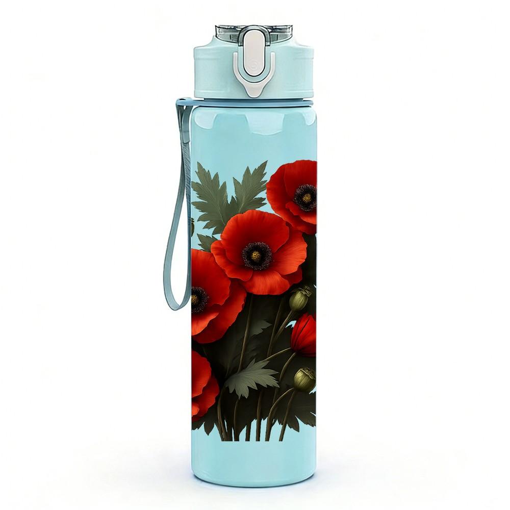 1PC Red Rose Bouquet Dark Print 750ml Color Plastic Sports Water Bottle Leakproof Flip Straw Lid Suitable for Sports Office Home Use