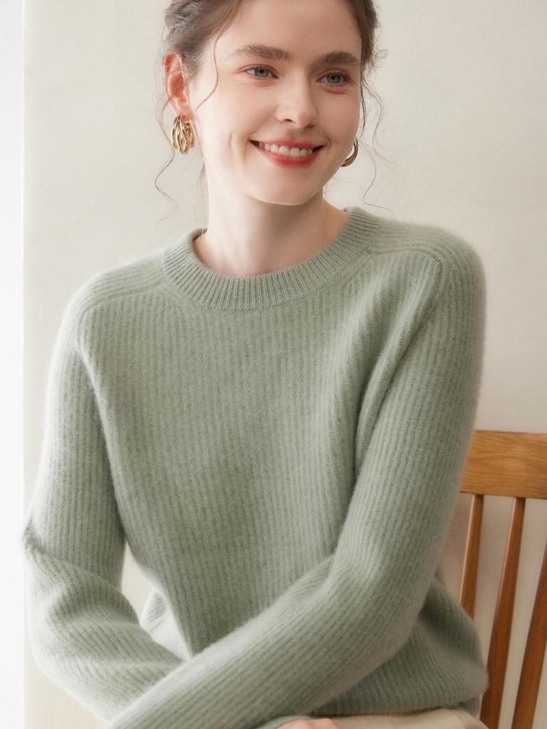 Ribbed Cashmere Round Neck Women's Short Pullover Sweater - Solid Color Loose Knit Top