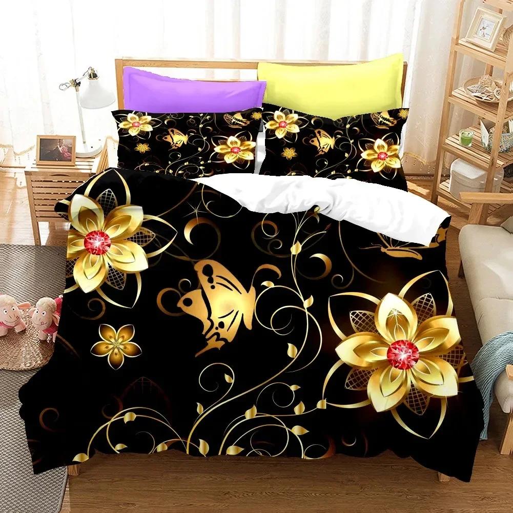 Golden Butterfly Pretty Blue Comfortable Duvet Quilt Cover Pillowcase Bedding Set Children Bedroom Decoration Home Textile