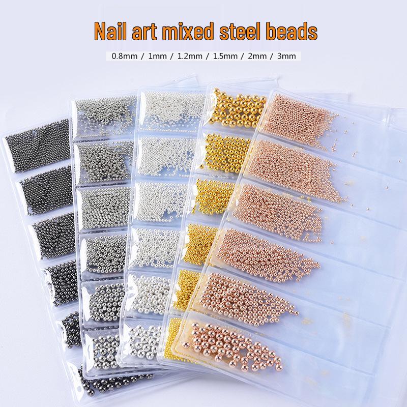 

Nail Art Steel Balls Kit: 6 Grids Mixed Sizes (Gold, Silver, Black)