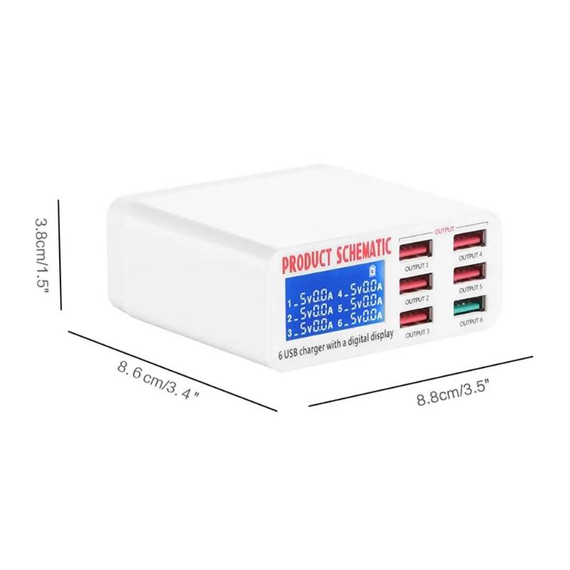 8A QC3.0 USB Charger with LCD Display, 6 Ports Desktop Mobile Phone Charger, Smart Fast Charging for Smartphones & Tablets