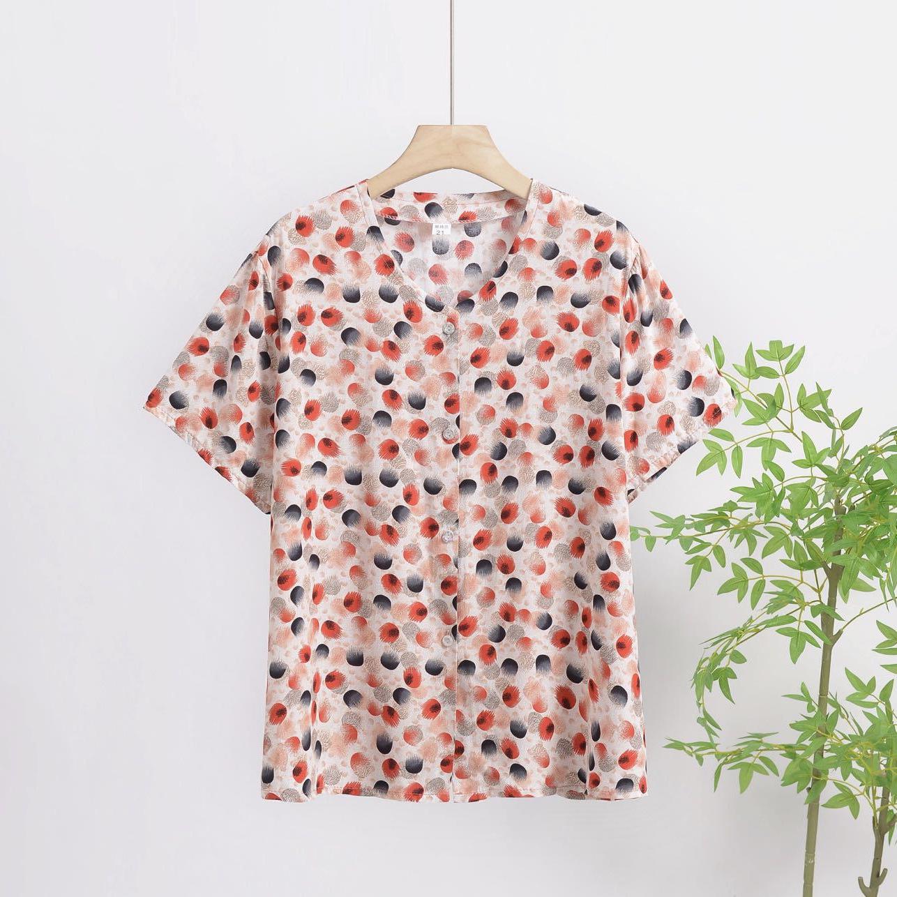 

2025 Summer Floral Print V-Neck Button Short Sleeve Loose T-Shirt Size S