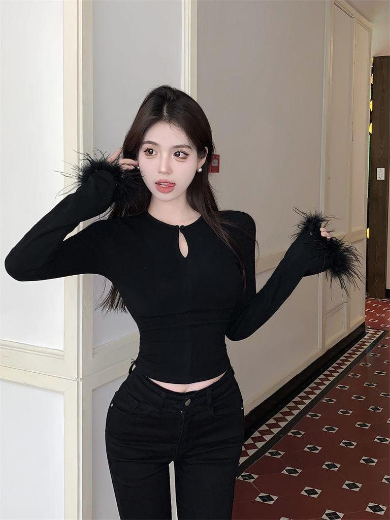 Threaded Plush Fuzzy Patchwork Long Sleeve Hollow Out Women's Slim White T-shirt