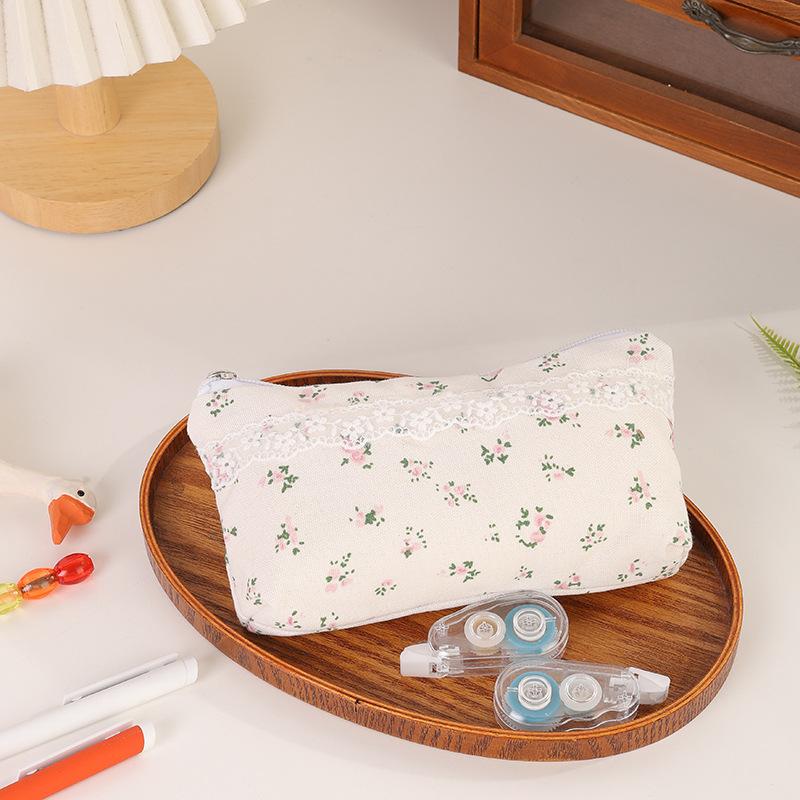 Aesthetic Floral Lace Pencil Case for Girls Large Capacity Makeup Bag with Zipper Cute Ins Style School Organizer Pen Holder