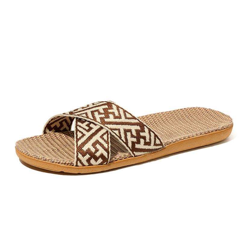 

Дышащие легкие льняные пляжные нескользящие тапочки для пар на открытом воздухе - бесшумные этнические сандалии с перекрестными ремешками для дома и помещений 39-40