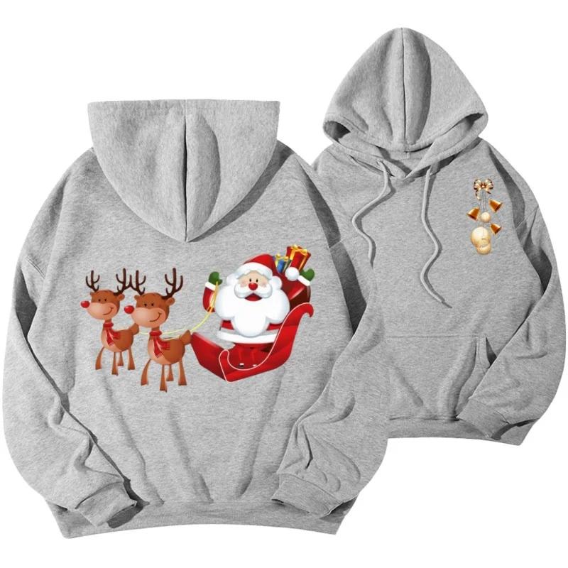Cute Cartoon Flying Reindeer Santa Claus Graphic Unisex Hooded Sweatshirt, Loose-fit Winter Xmas Streetwear