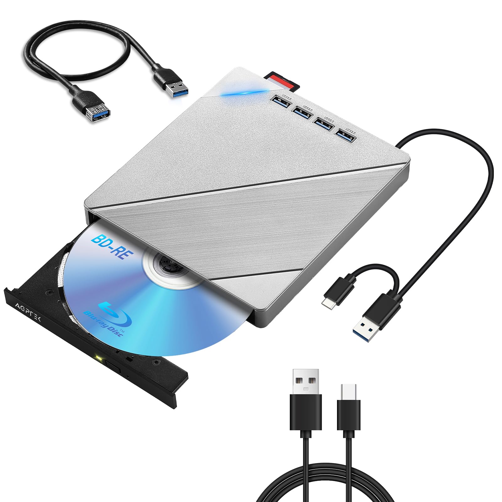 

зовнішній USB зовнішній BD сріблястий [Новинка 2025] Blu-ray привід, Blu-ray привід, підключення 3.0 та Type-C, програвач BD/CD/DVD, читання/запис, Blu-ray програвач,