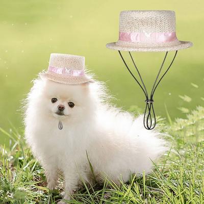 Handwoven Pet Straw Hat with Adjustable Strap Summer Costumes Cat Dog Sun Cap Cute Party Headdress Farmer Pet Hat for Puppy