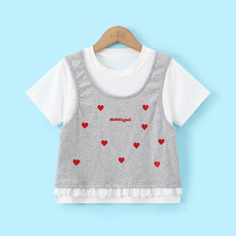 Mengtejiao Girls' Heart Embroidered Short Sleeve T-Shirt