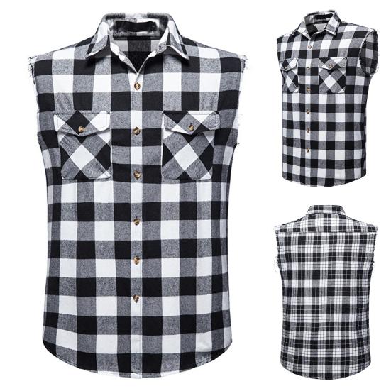 Shirt Vest Fashion Sleeveless 3D Cutting Casual Vest Men Plaid Print Waistcoat Top Men Vest Male Clothing