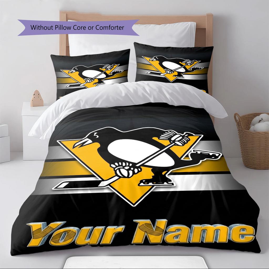 Name Custom Pittsburgh Penguins Pattern Bedding Set Quilt Cover Pillowcase Home Decor Gift (1 * duvet cover + 2 * pillowcase, without core)
