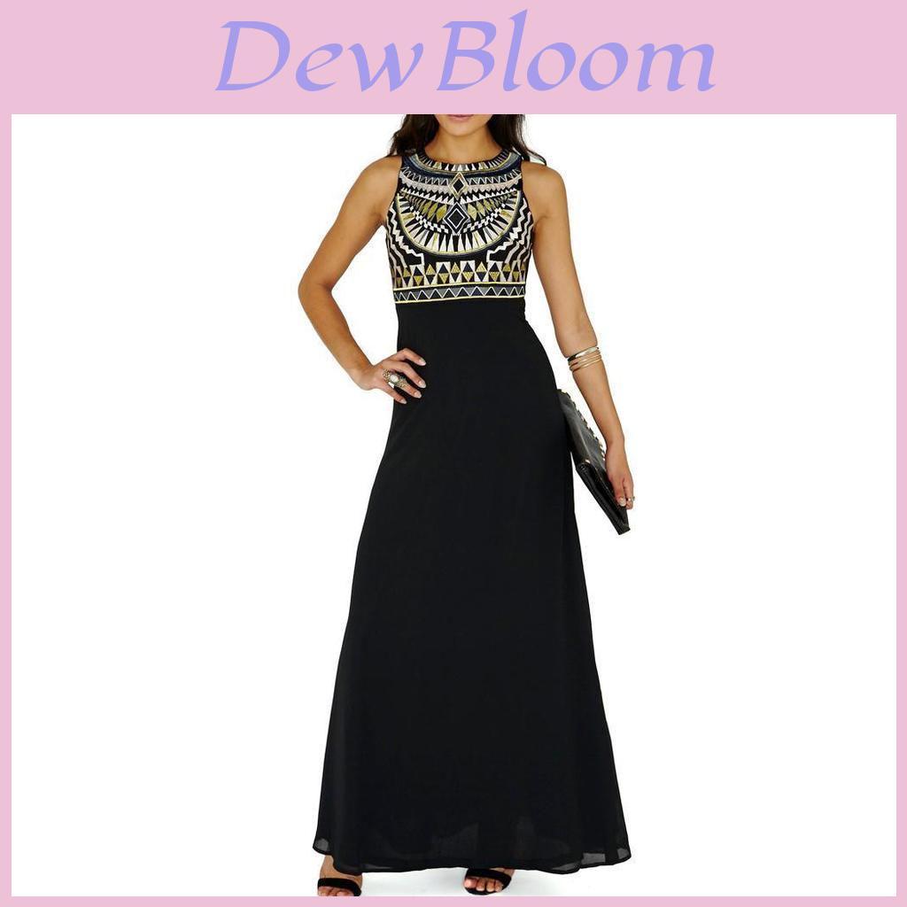 Elegant Women Round Neck Sleeveless Geometric Print Chiffon Dress Long Floor Length Stylish Casual Attire