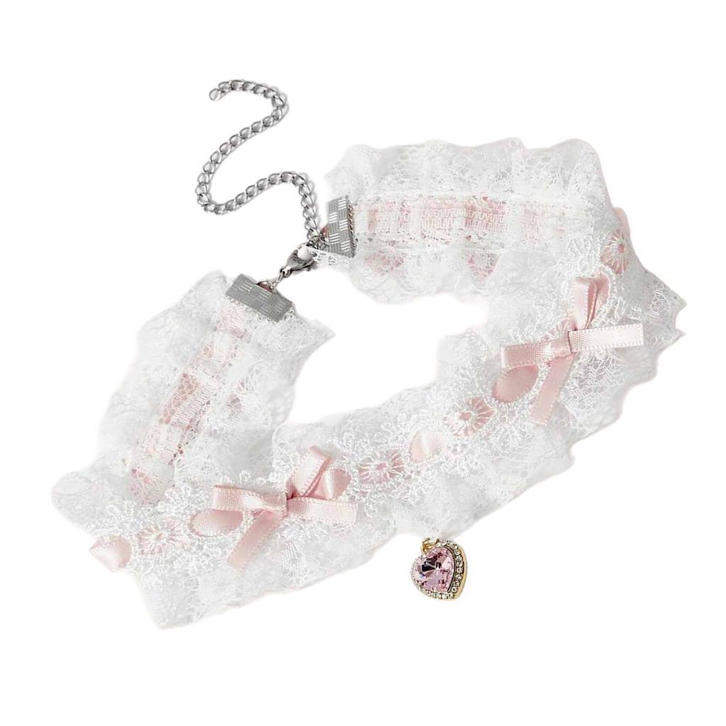 Lace Woven Bow Choker Necklace With Crystal Heart Pendant Elegant Zinc Alloy Chain For Women Daily Wear Gift Idea