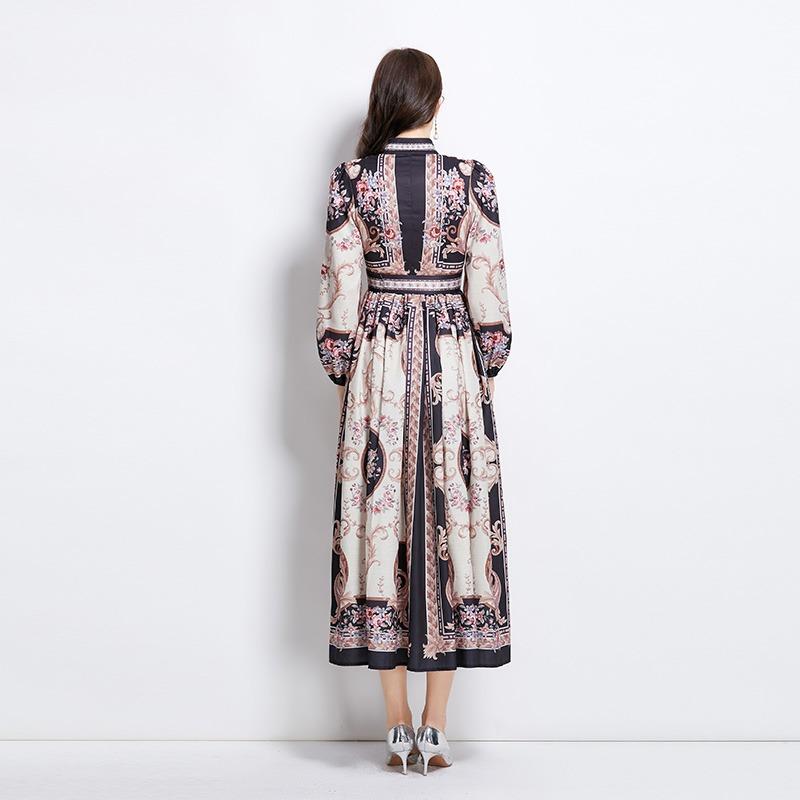 Summer Autumn Women Vintage Print Designer Runway Dress Stand Collar Single Breasted Long Maxi Holiday Party Dresses with Belt