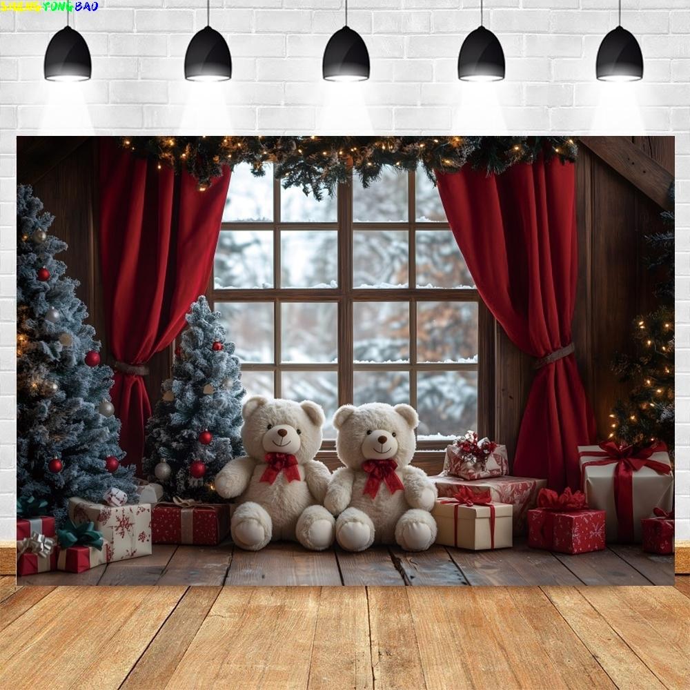Winter Christmas Night Window Backdrop Xmas Trees Toy Bear Background Photography for Christmas New Year Party Decor Banner