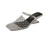 Fashion Niche Fishing Net Woven Hollow Sandals for Women In Summer 2025 New Style with Skirt Block Heel Square Toe Muller Semi-slippers